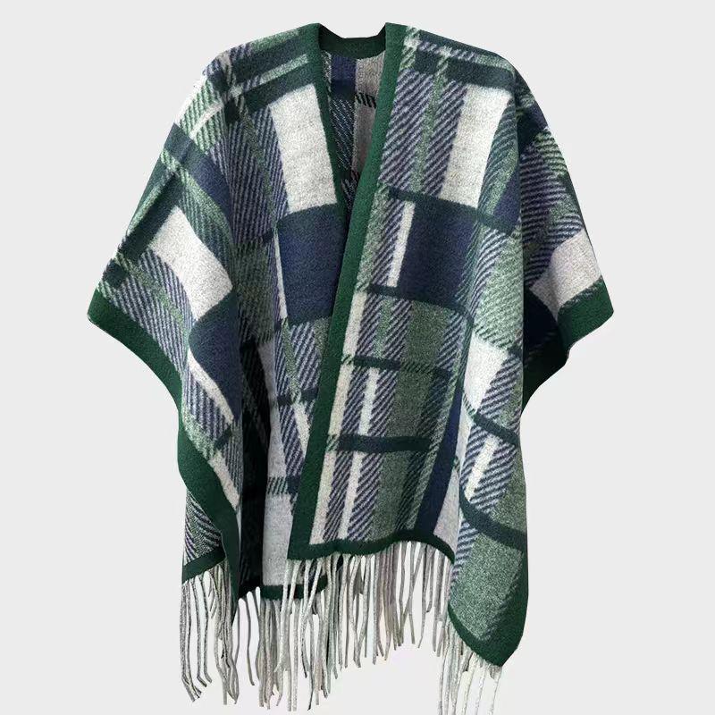 Elegant Ethnic Ink Painting Cape Shawl with Tassels - Versatile Travel Scarf Cloak