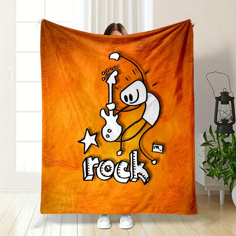 A stick figure plays guitar with "rock" text and star on an orange background. for all seasons blanket lunch break throw gift