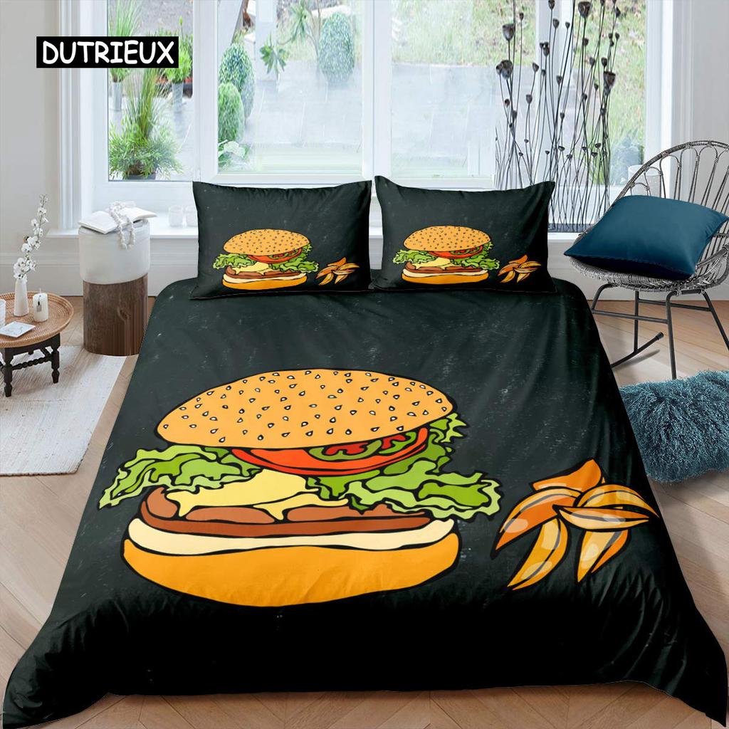 Hamburger Duvet Cover Set Meat Cheese Comforter Cover Fast Food Theme Bedding Set Cartoon Hamburg Pattern Quilt Cover for Kids
