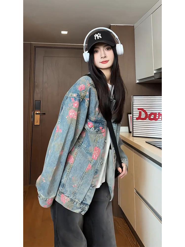 Unisex Hong Kong Style Floral Jacquard Denim Jacket - Trendy Autumn/Winter 2025 Collection