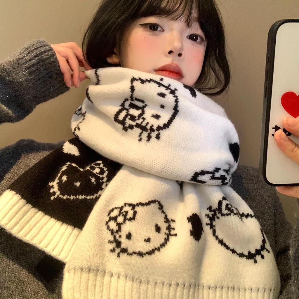 Cute Kitty Double-Sided Knit Scarf for Women: Warm, Thick Neck Protector for Autumn/Winter