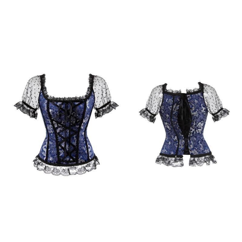 Overbust Corset Bustier Top Women With off Shoulder Sleeves Plus Size Burlesque Costume Hollow Mesh Floral Sexy Corselet