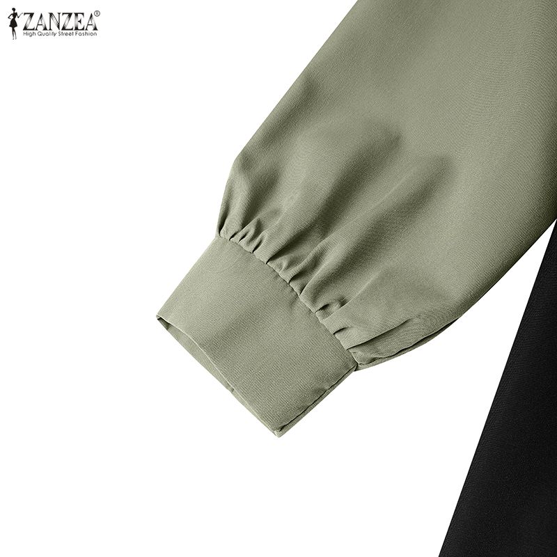 ZANZEA Women Round Neck Long Sleeve Loose Casual Patchwork Long Dress