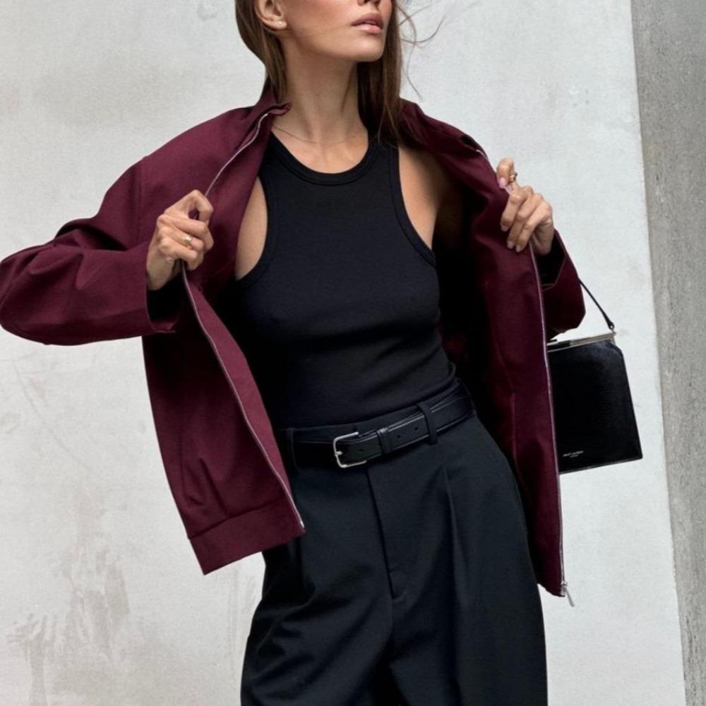 VAYLA Women Vintage Loose Lapel Jacket Burgundy Color Zipper Jacket New  Autumn Stylish Versatile Casual Jacket