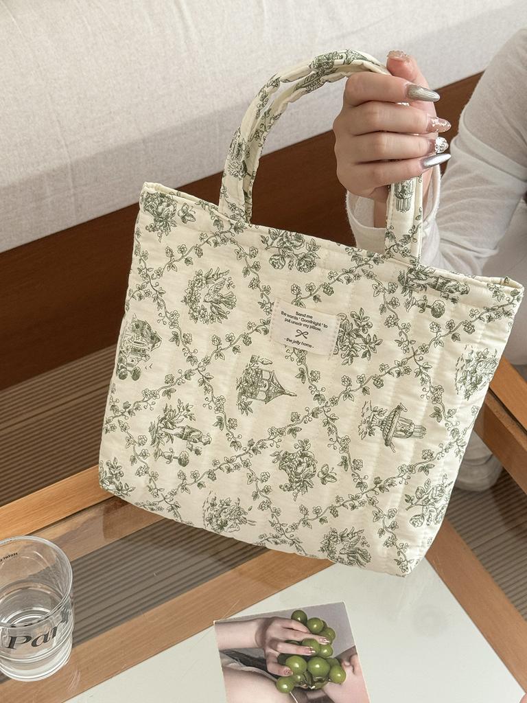 Quilted Cotton Women's Cute Flower Handbags Portable Ladies Small Tote Shoulder Bags Retro Design Casual Female Lunch Bento Bag