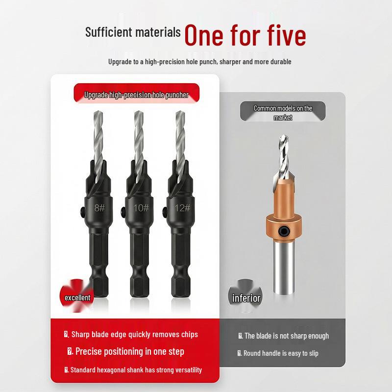 Adjustable Woodworking Countersink Drill Bit Set - Hex Shank, Fast Chip Removal & Hole Opener.