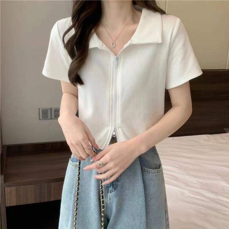 

American Hot Girl Polo Neck Short-sleeved T-shirt for Women Summer Design Double-head Zipper Niche Slim Fit Short Top S білий