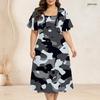 Women Plus Size Two Piece Dress Set Batwing Sleeve Cropped Shrug Strappy Floral Printed Black Flared Dress