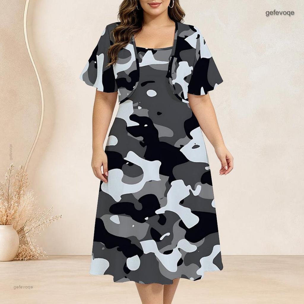 Women Plus Size Two Piece Dress Set Batwing Sleeve Cropped Shrug Strappy Floral Printed Black Flared Dress