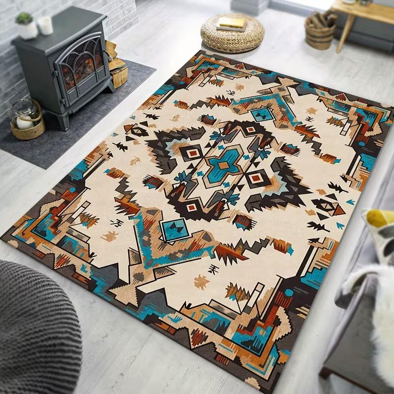 Vintage Rustic Colorful Geometric Print Area Rug Boho Soft Non-Slip Floor Carpet for Living Room Bedroom Office Home Decor