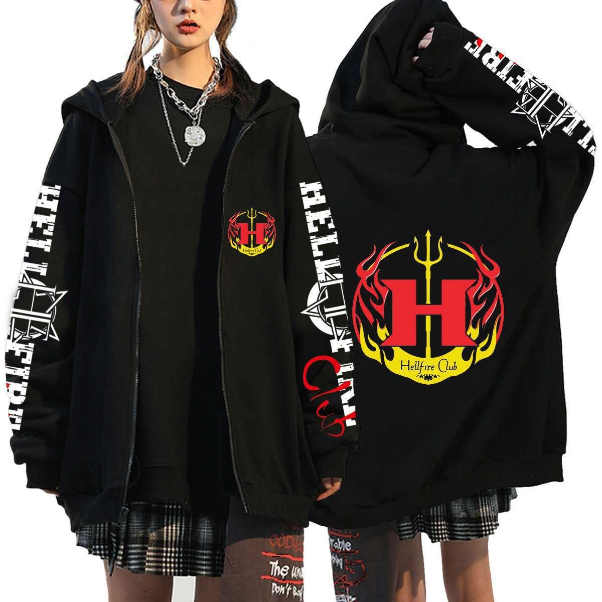 Oversized Hoodie Hellfire Club Zip Up Hoodie Hellfire Club Casual Streetwear Sweatshirts Cartoon Tops Jackets XS чёрный
