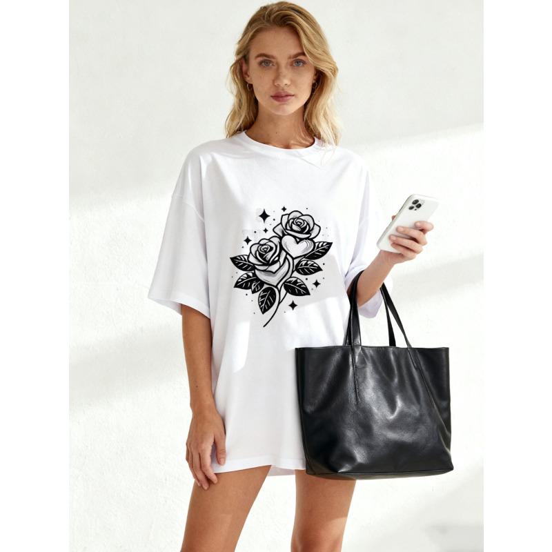 Oversized T Shirt Black Rose And Heart Print Casual Wear For Women Summer Outfit Streetwear Fashion Top