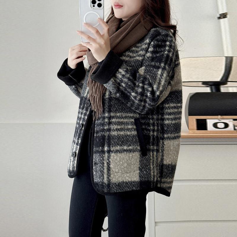Women Check Pattern Woolen Coat Causal Loose Long Sleeves Jacket Fashion Warm Round Neck Single Breasted Buckle Outerwear Spring Autumn