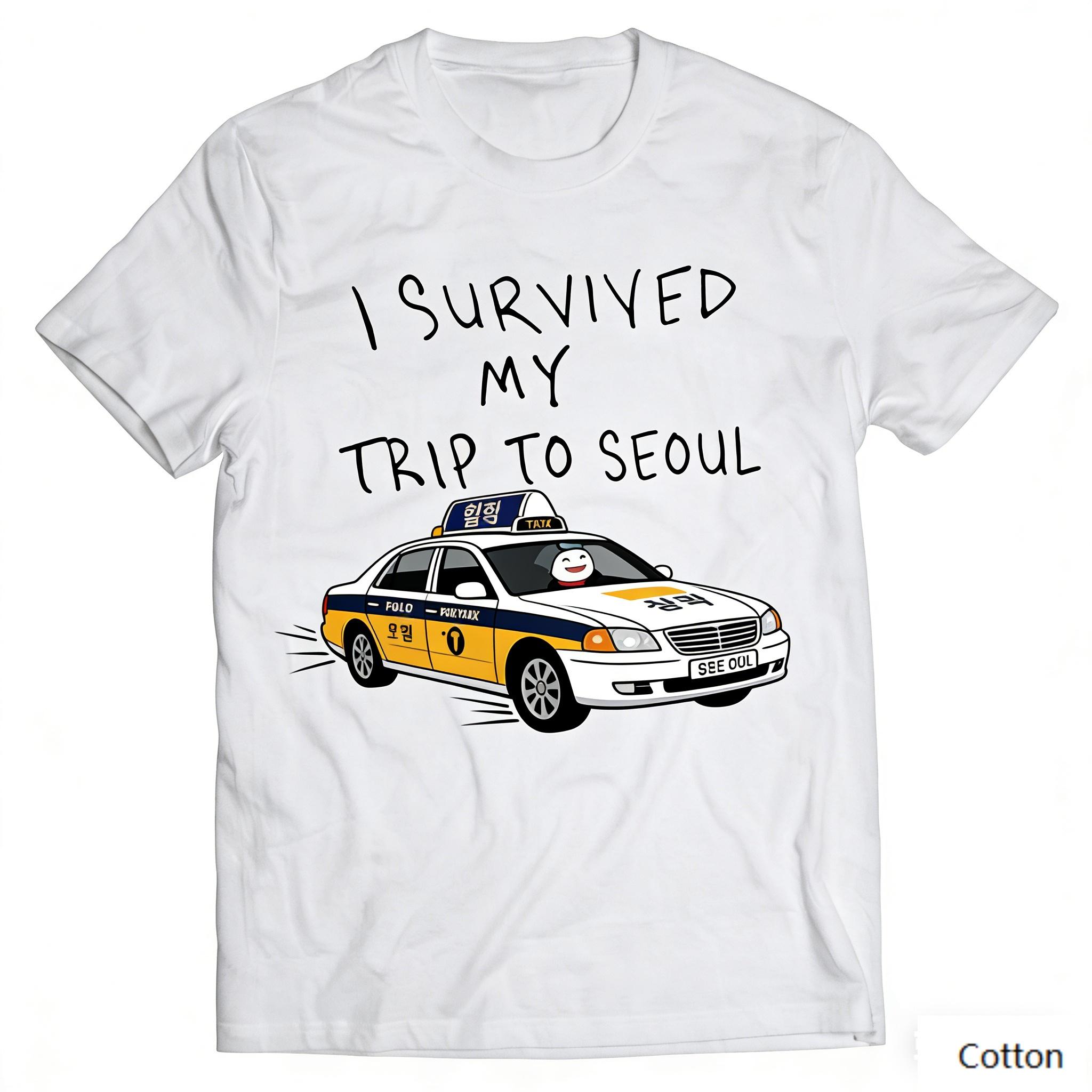 

Oversized TShirt with Seoul Taxi Slogan Graphic Loose Streetwear Style Soft Heavyweight Fabric Classic Crew Neck S