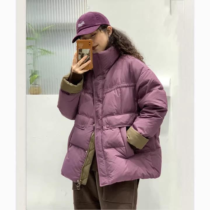 2024 Autumn/Winter European Style Mid-Length Stand Collar Color Block Duck Down Jacket for Women