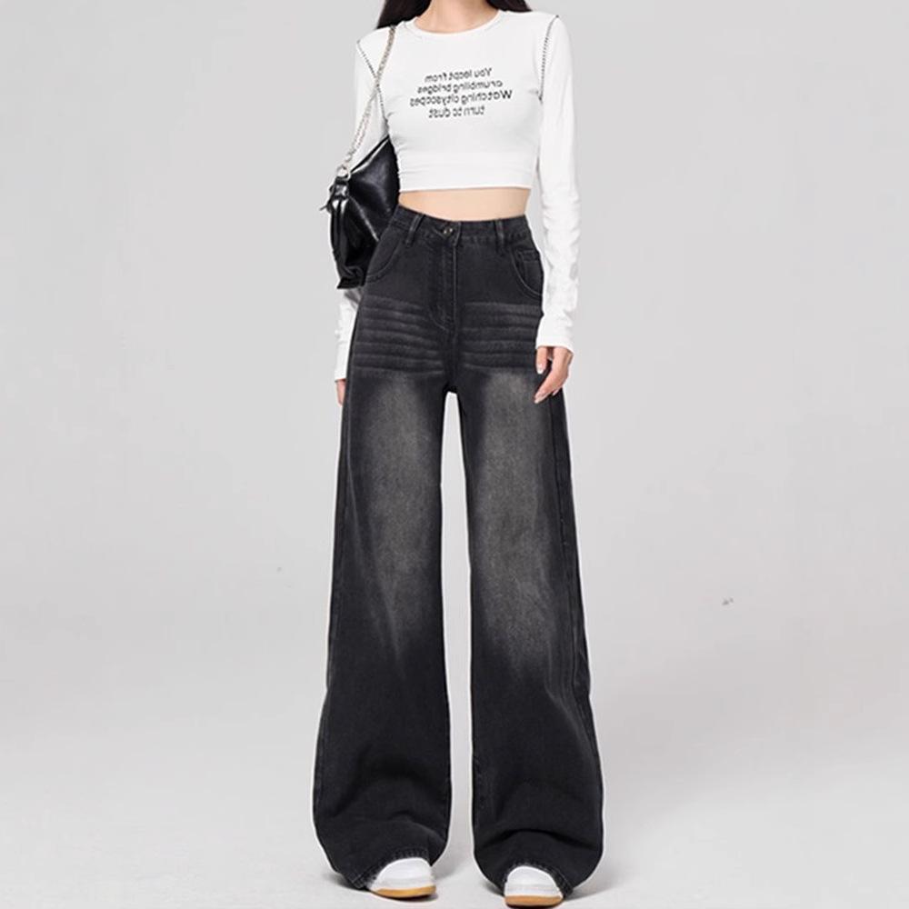 Women Straight Leg Denim Jeans Casual Solid Color Cotton Blend High Waist Daily Streetwear Long Pants