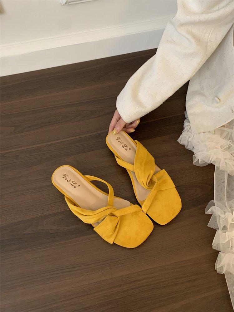 

Spring and summer slope heel cool slippers open-toed sandals women s shoes summer beach shoes French small sandals high heels 35 жёлтый
