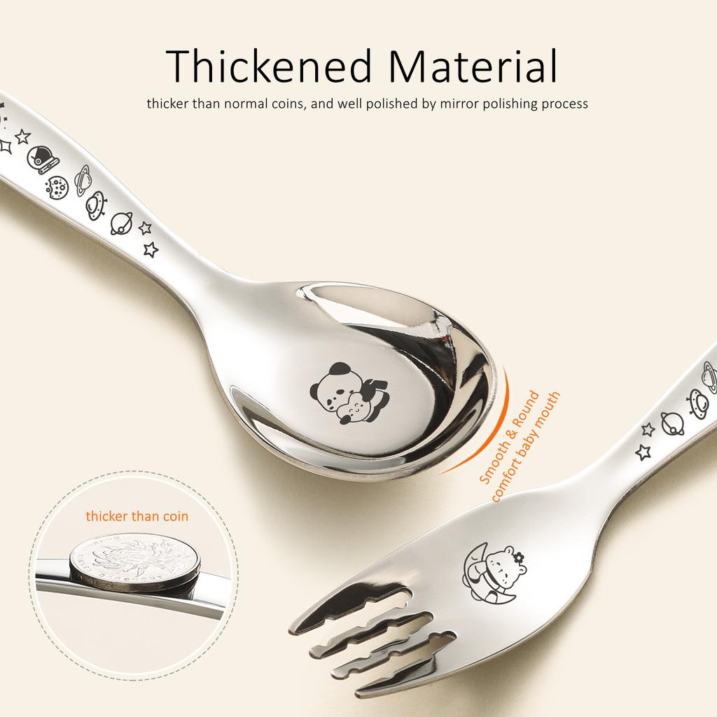 99.9% Anti-bacterial Babies' Fork and Spoon Set Ultra Thick Pure 316L Stainless Steel Kid Dinnerware with Ergonomic Wide Handle4