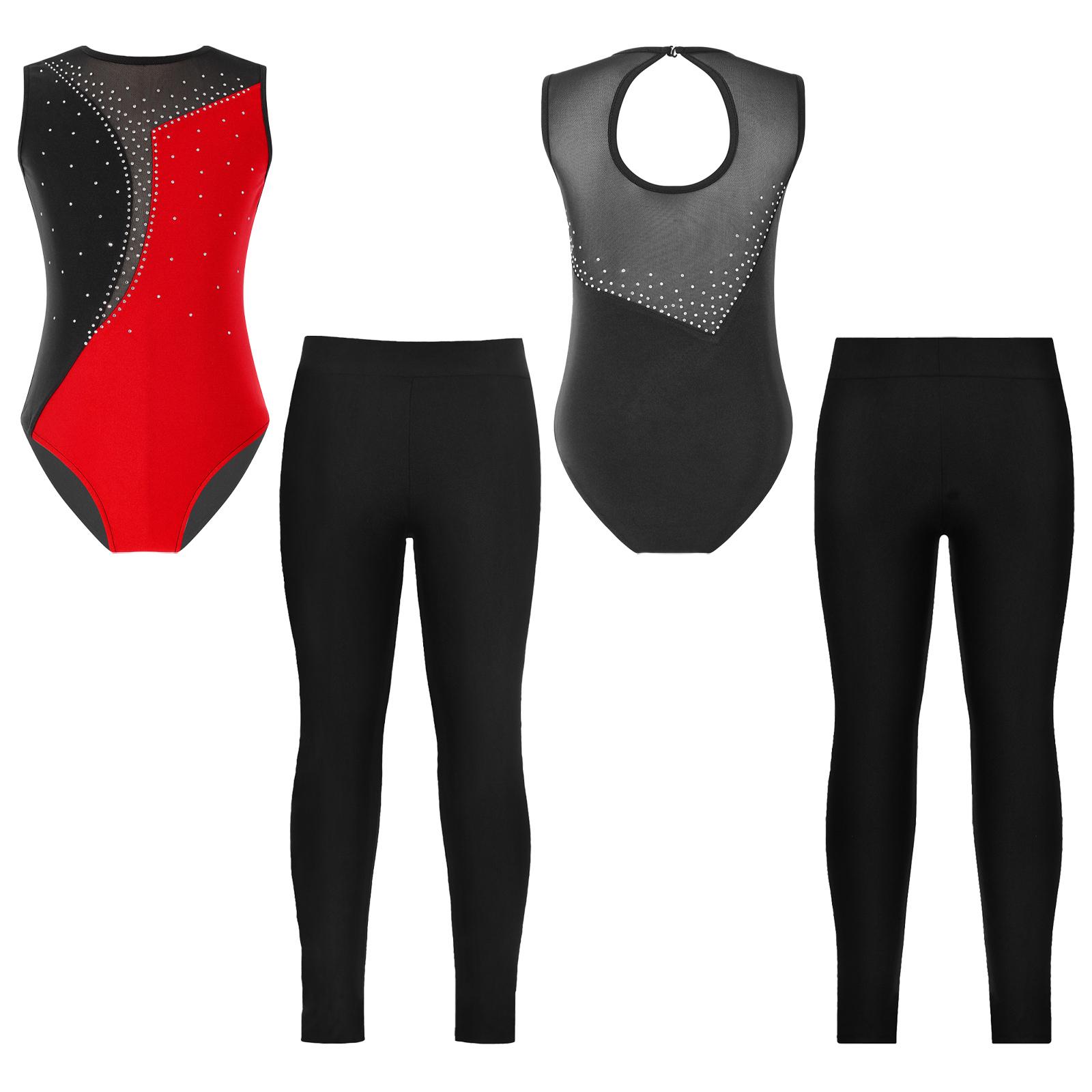 

Дитячі дівчата, катання на ковзанах, гімнастичні купальники без рукавів зі стразами та легінси для тренувального одягу для танців 5-6 Years червоний/чорний