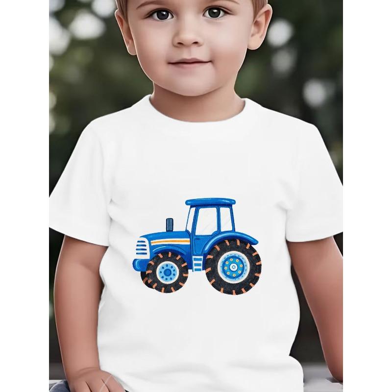 Boys Crewneck Short Sleeve Tee, Cartoon Blue Tractor Print Black Background Cute Childlike Casual Top 110