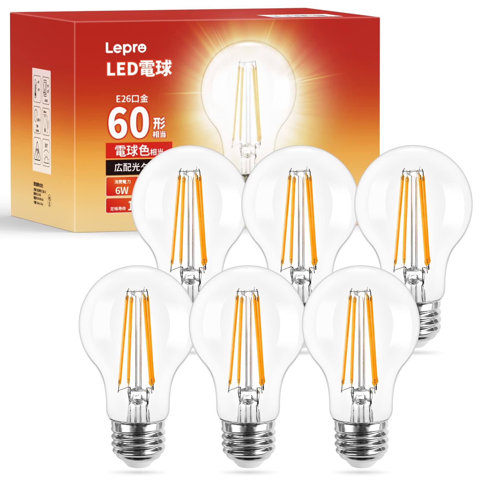 

Lepro LED Bulbs, E26, 60W, Warm White, Filament, 60W (Standard Bulb Type), 2700K, Clear Type, Non-Dimmable, 806lm, Stylish, Energy-Saving, PSE