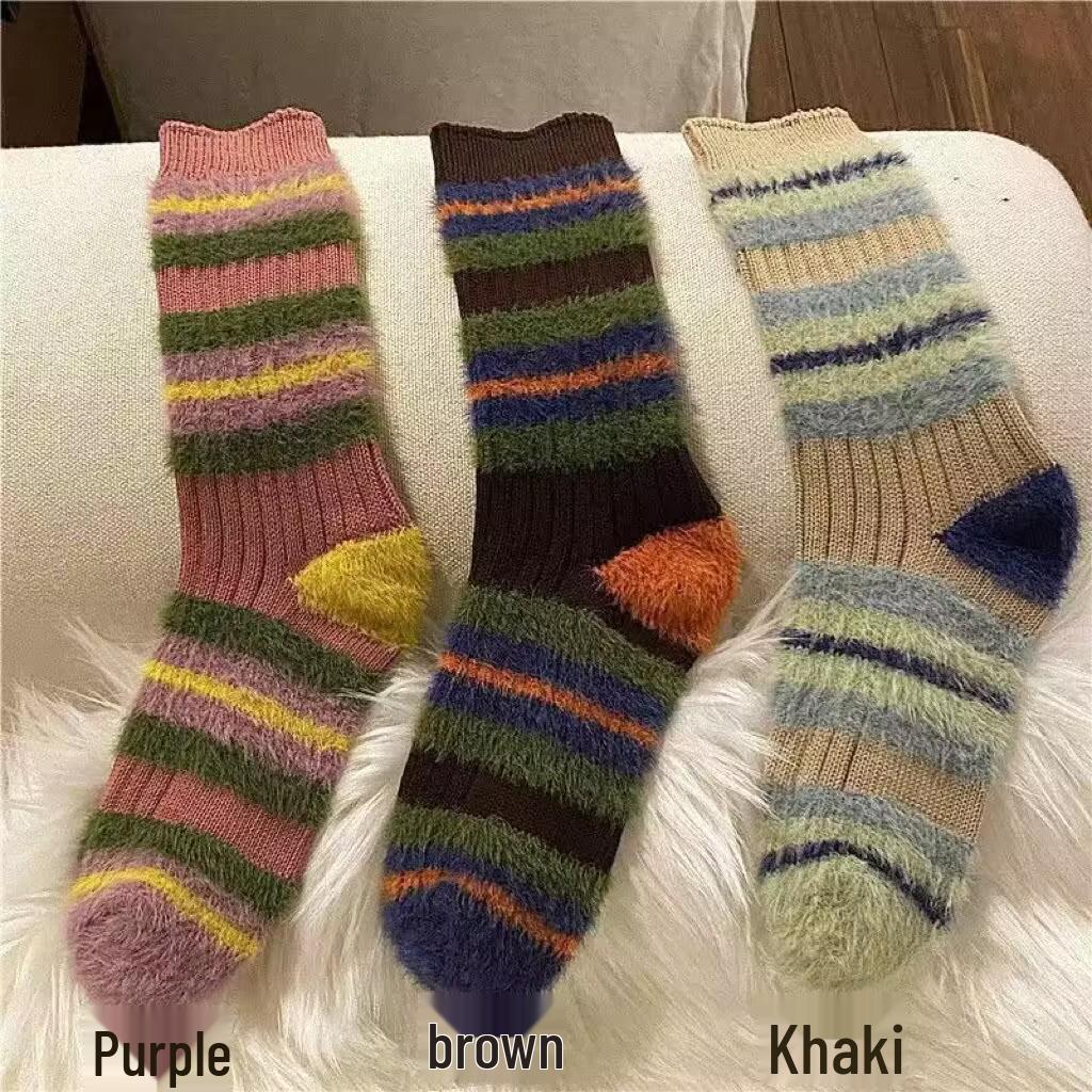 

Зимние толстые рубчатые цветные плюшевые гольфы до середины икры, верхняя одежда из искусственной норки, влагоотводящие, теплые женские длинные носки One Size коричневый