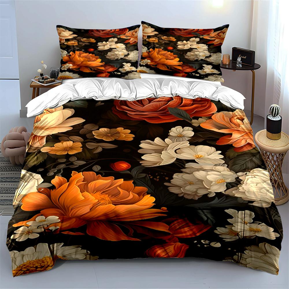 Floral Pattern Bedding Set, Black & Orange Bedding set (1 duvet cover, 2 pillowcases, duvet not included)