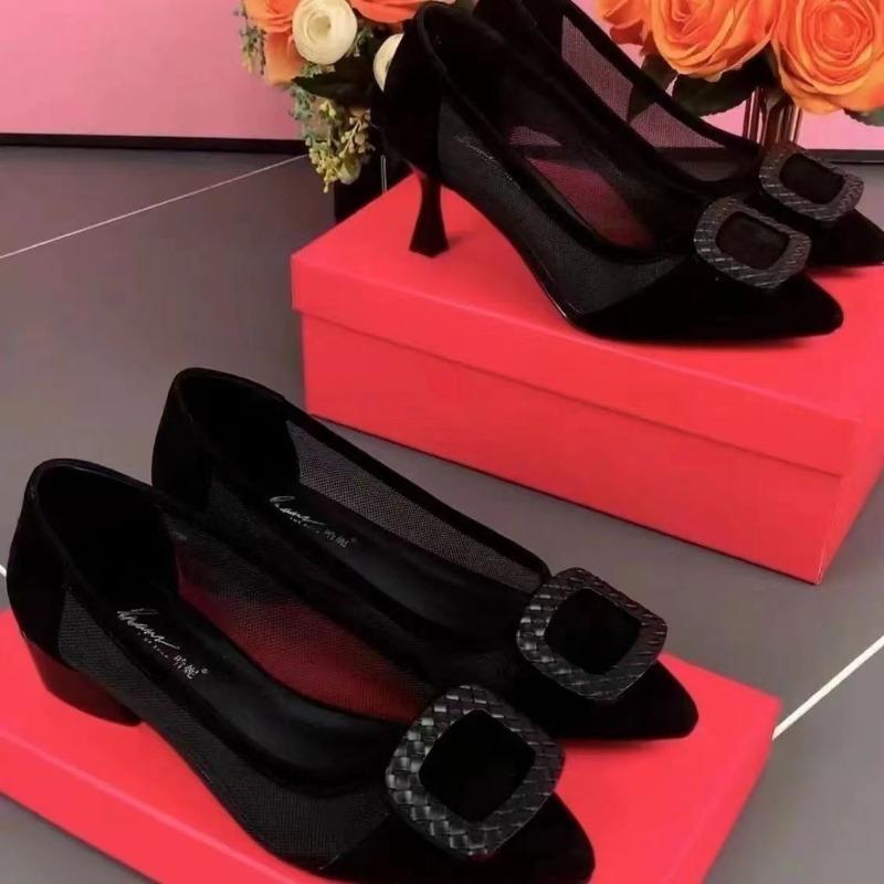 New Summer Women Shoes Women's High Heels Mesh Breathable Casual Women Shoes Square Heel Pointed Toe Heels Women Zapatos Mujer