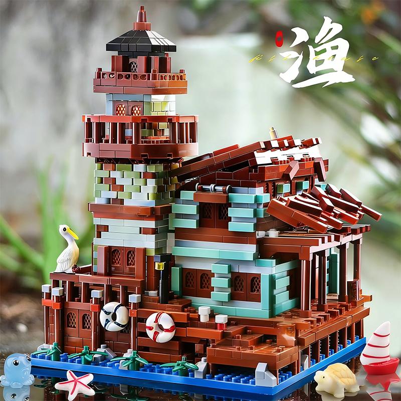 DIY DIY Assembly Building blocks with mini figures fishing village house street view house model DIY desktop decoration kids Christmas gift
