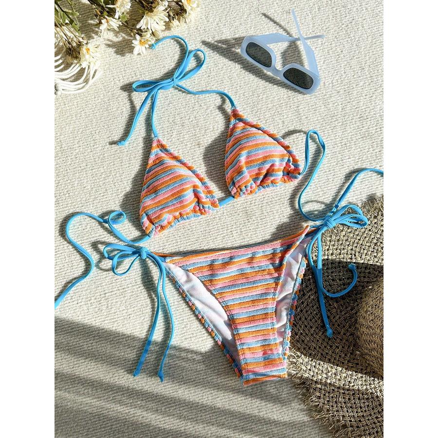 

Women s Jacquard Striped Colorful Lace Up Three Piece Bikini Swimsuit Set S