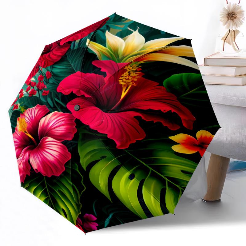 Rainbow Hibiscus Drips Portable Automatic Umbrella with 8-Rib Sturdy Construction Perfect for Outdoor Adventures Compact Folding Umbrella