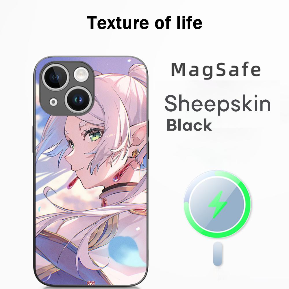 Frieren Japan Anime Cool Girl Pattern Phone Case For iPhone 16 15 14 13 12 11 Plus Pro Max High-end Luxury Magsafe Sheepskin