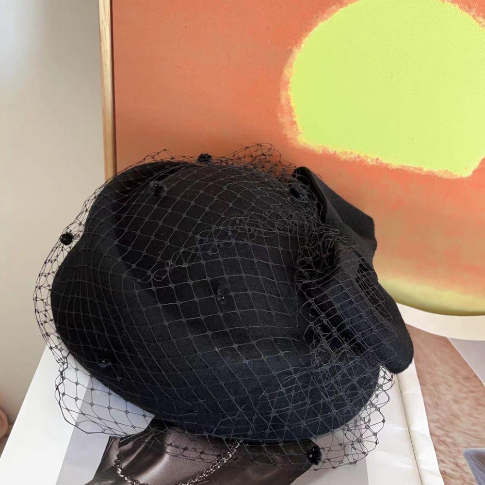 British Style Pillbox Hat Cashmere Stewardess Cap Vintage Wool Bow Hat with Veil  Wedding