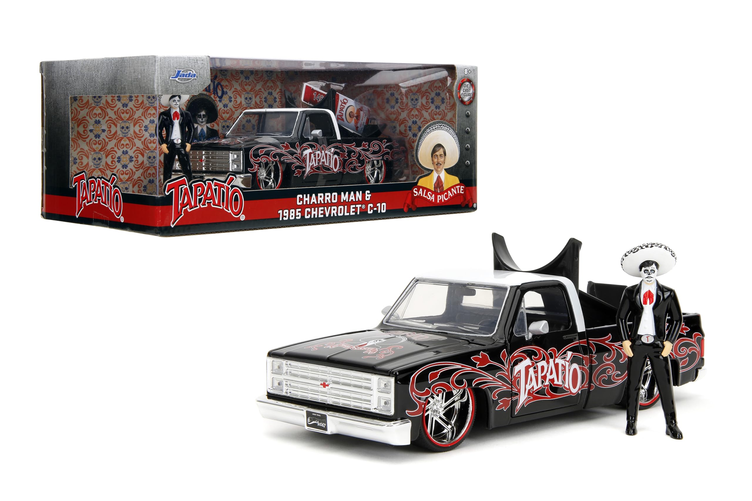 

Jada Toys Hollywood Rides Scale Diecast 1985 Chevrolet C10 Tapatio Man Фигурка с открывающимся подробным интерьером Резиновые шины Тема Дня мертвых Для возраста 8