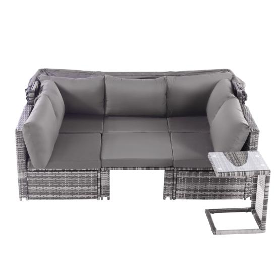 Rattan Sun Island Seating Set, Sofa with Canopy, Footrest, Armchairs, and Table, Outdoor Garden Furniture, Lounge Furniture for Balconies and Gardens,