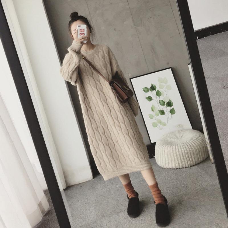 [] Autumn and winter new solid color loose lazy wind sweater skirt round neck long sleeve loose version knitted dress