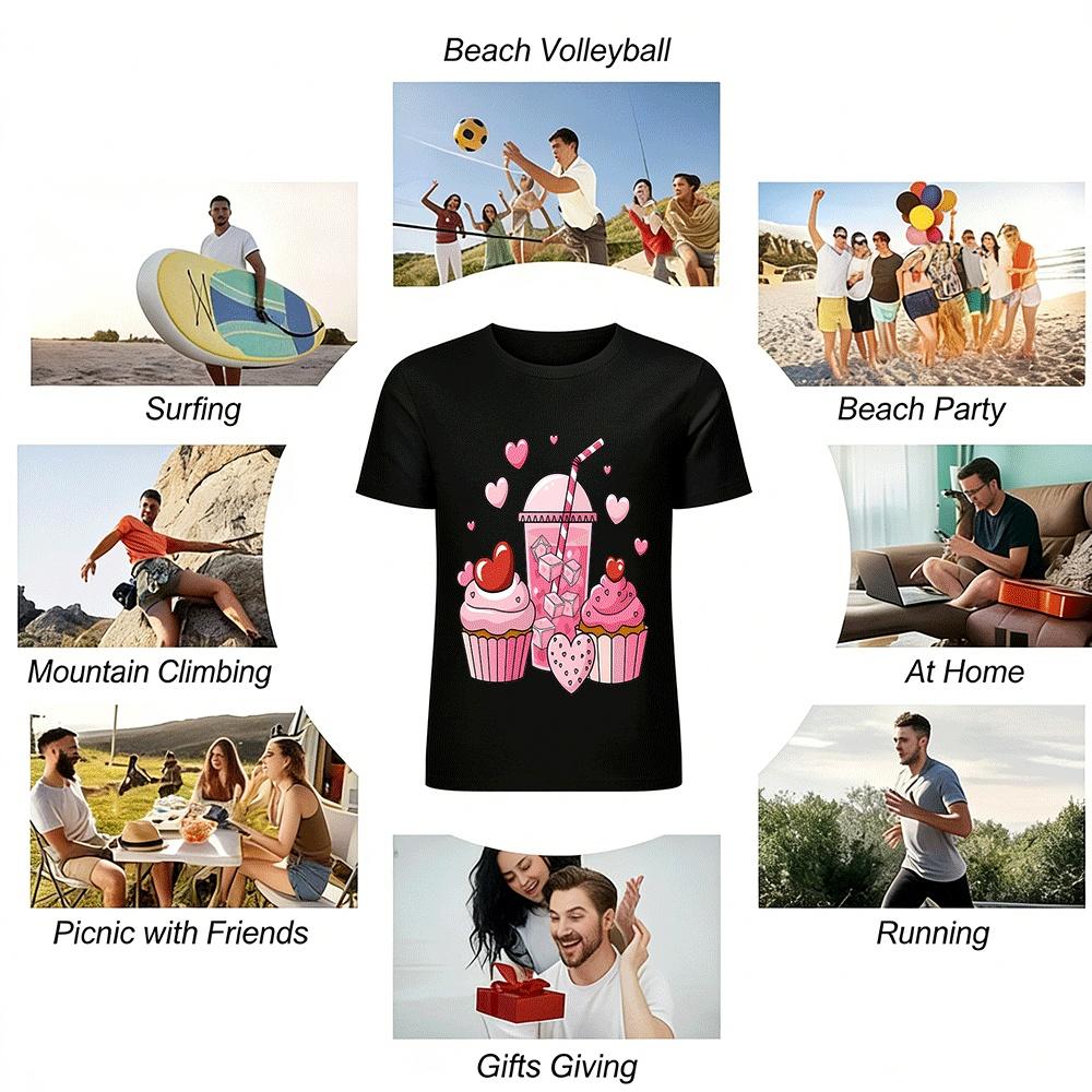 Valentine's Day Heart Dessert Print Casual Top Pure cotton T-shirt