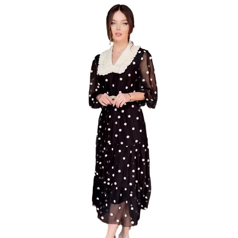 2024 Summer Women's Fashion Chiffon Polka Dot Dress with Color Block and Doll Collar