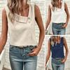 Women Tops Skew Collar Sleeveless Loose Fit Casual Tops Pure Color Buttons Decor Pullover