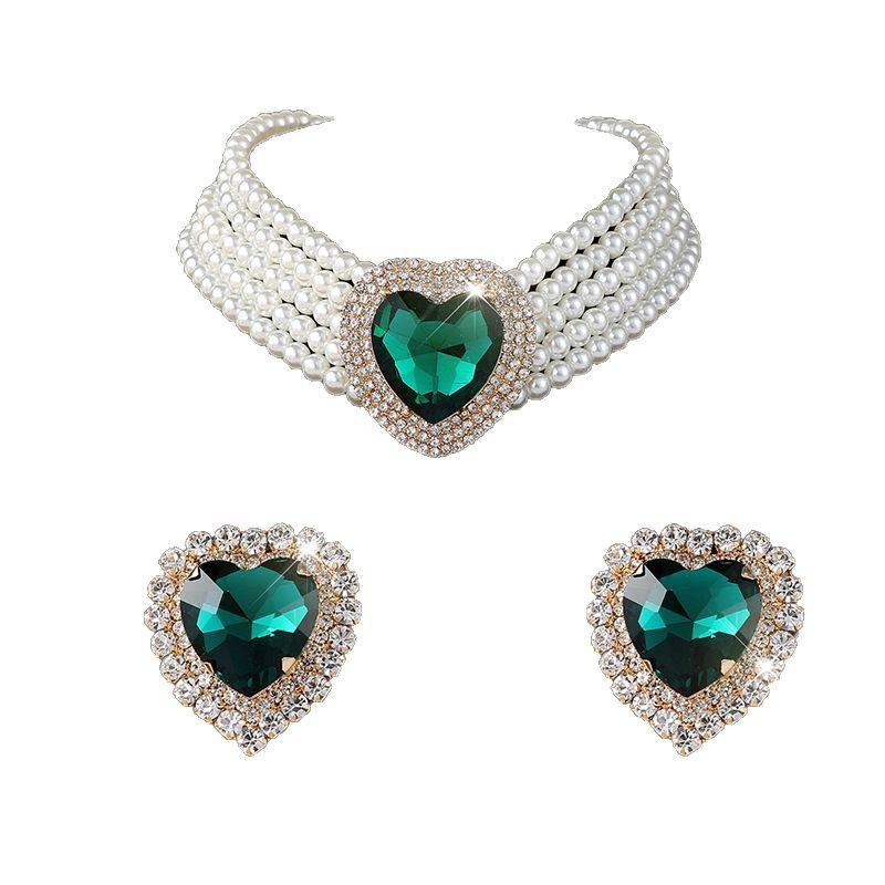 Exaggerated Multi-layer Imitation Pearl Peach Heart Crystal Necklace Earrings Set Bridal Love Rhinestone Neck Chain Women