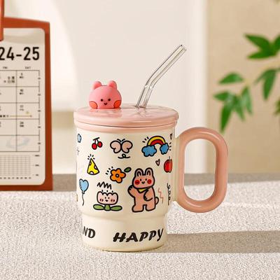 Cute Cartoon Ceramic Mug with Lid and Straw