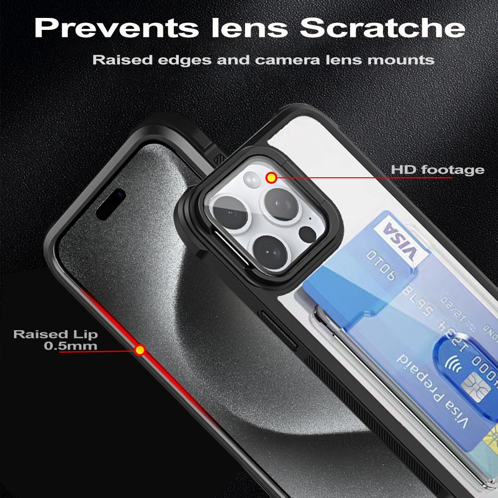 Shockproof Acrylic Hard Cover for IPhone 16 Pro Max 15 14 Plus 13 11 Folding Lens Stand Transparent Slot Card Holder Wallet Case