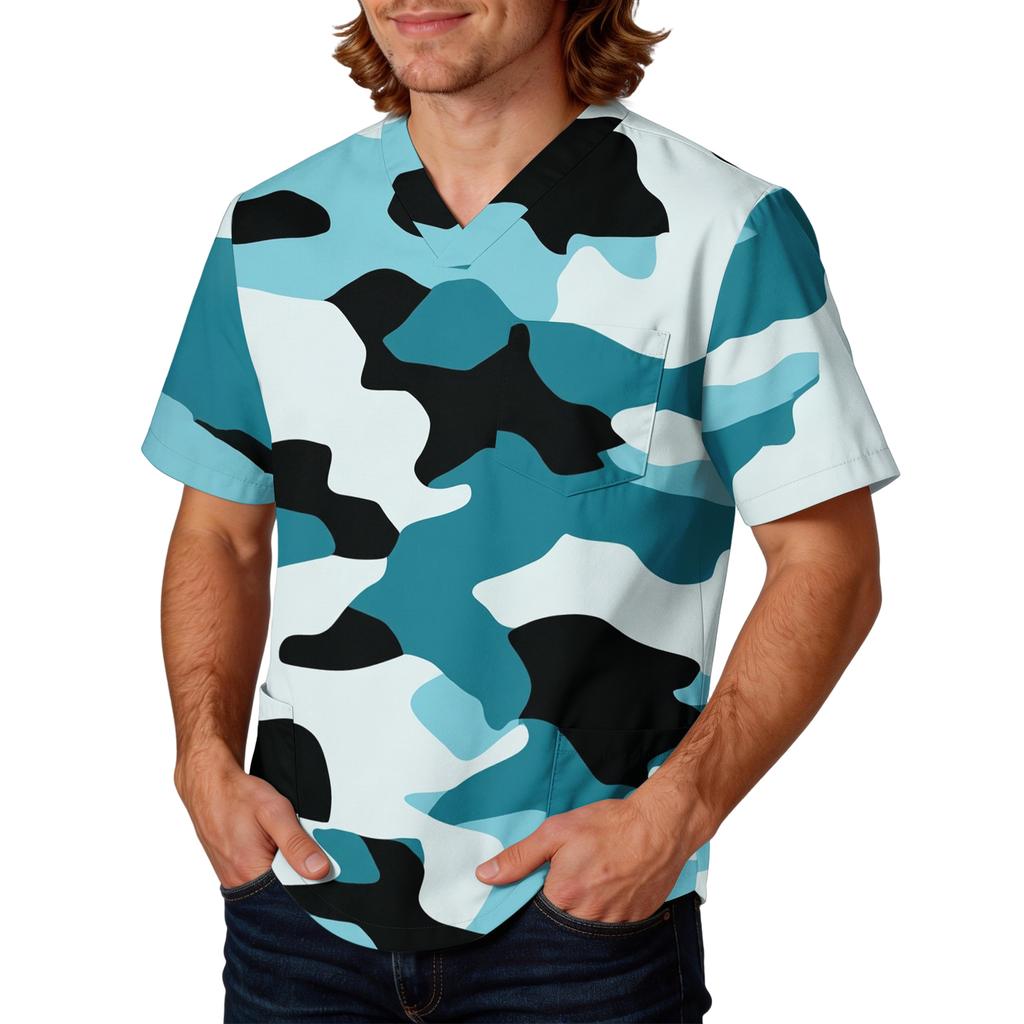 Mens Short Sleeve V Neck Scrub Top Camouflage Printed Pullover Uniform Shirt with Chest Pocket for