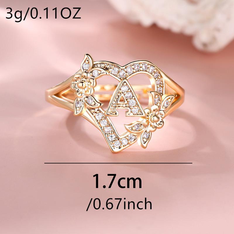 1 buc. Culoare aurie 26 litere engleze CZ inel cu zirconiu, flori de trandafir, inel de deschidere reglabil, formată de nuntă, bijuterii, cadou de Ziua Îndrăgostiților