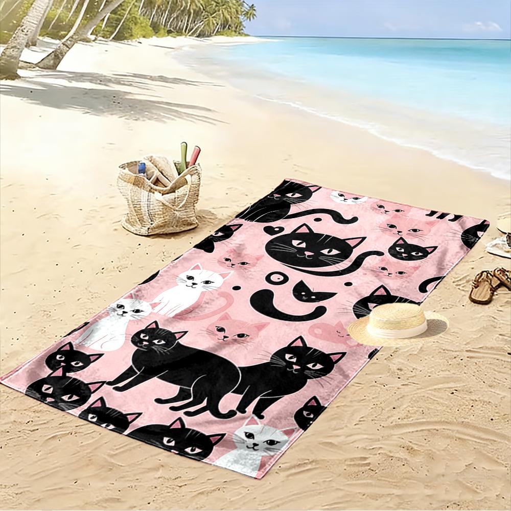 Black and White Cats Pattern On Pink Beach Towel Quick-drying for Travel Outdoor Sports Jogging Beach and Swimming