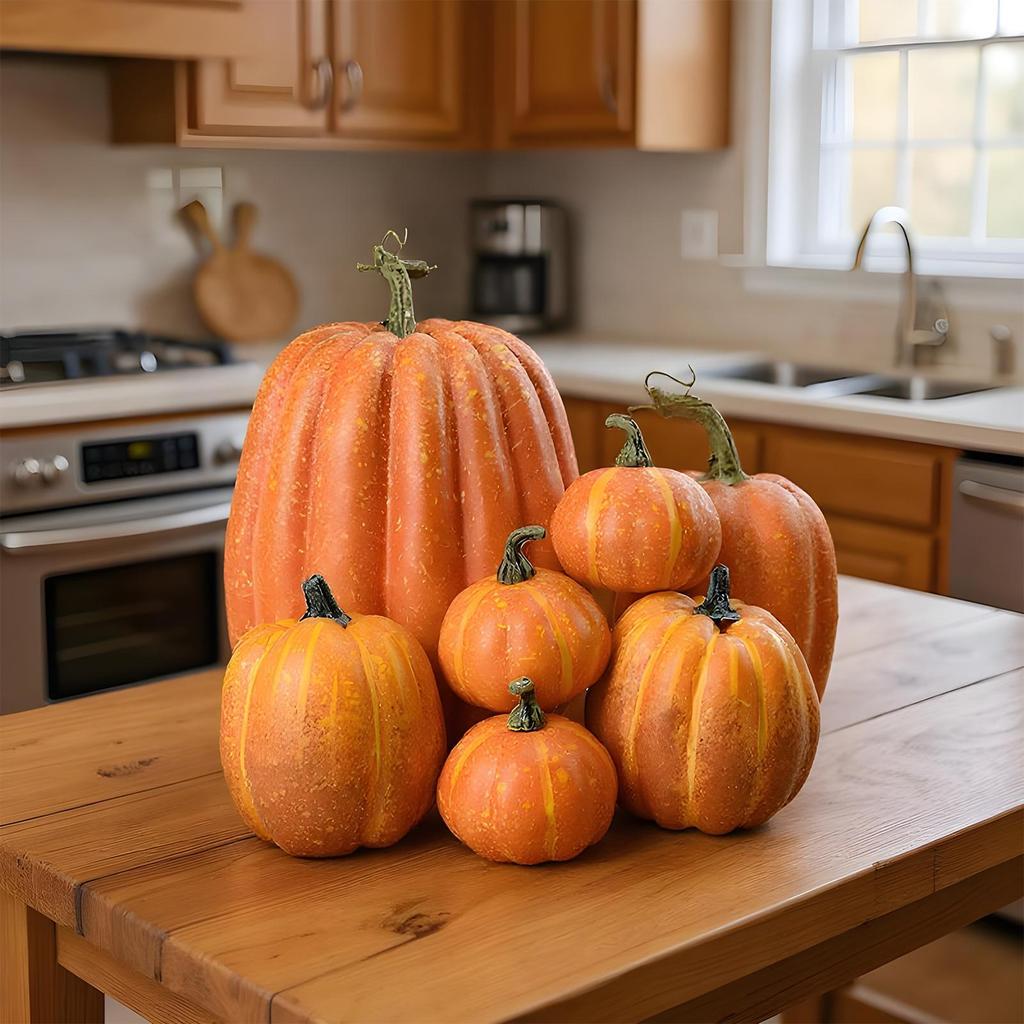 Artificial Pumpkins 7-Piece Halloween Artificial Foam Orange Pumpkins Seasonal Holiday Decorations for Fall Harvest Festival