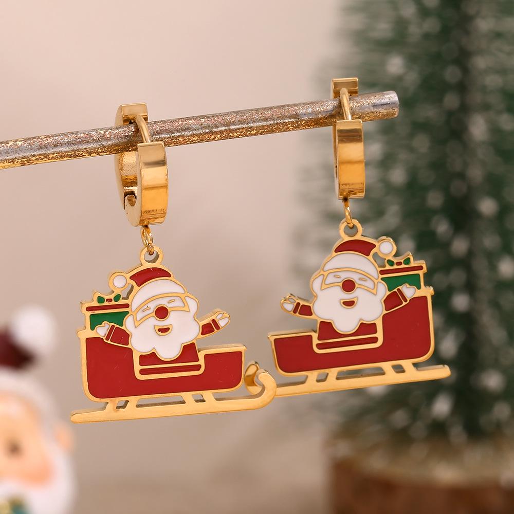 European-American Fashion Cartoon Santa Sleigh Earrings, 18K Gold Plated Stainless Steel, Christmas Drop Oil Design.