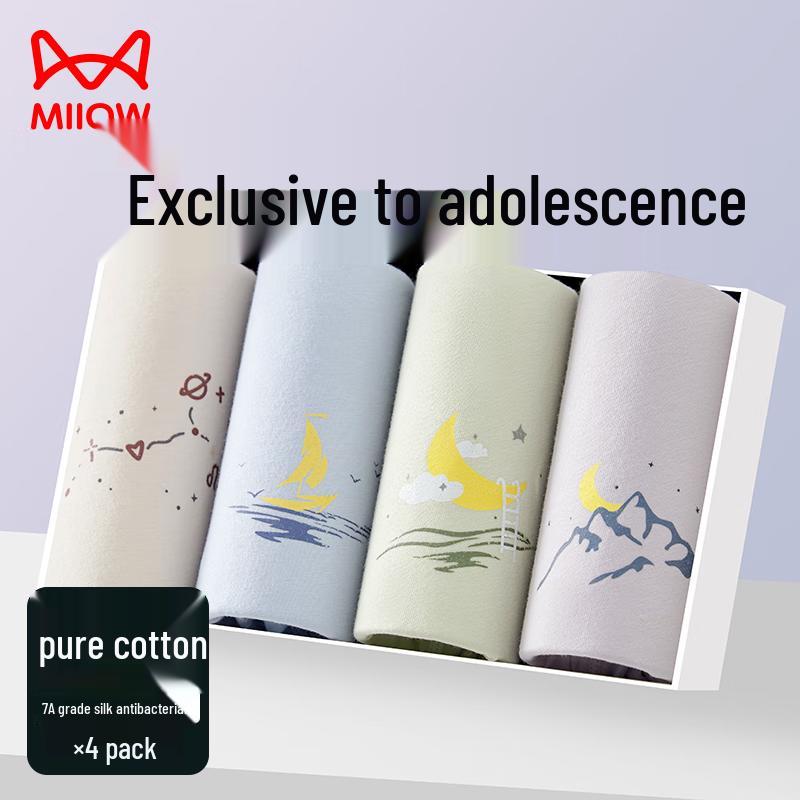 Mao Ren Boys  Pure Cotton Antibacterial Boxer Briefs, 4-Pack 170 (L), 99-132 lbs