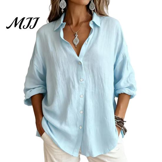 Solid Color Blouses Women Casual Button Front Shirt, Long Sleeve Turndown Collar Blouse, Work Shirts Drop Shoulder Fall Top for Daily Wear