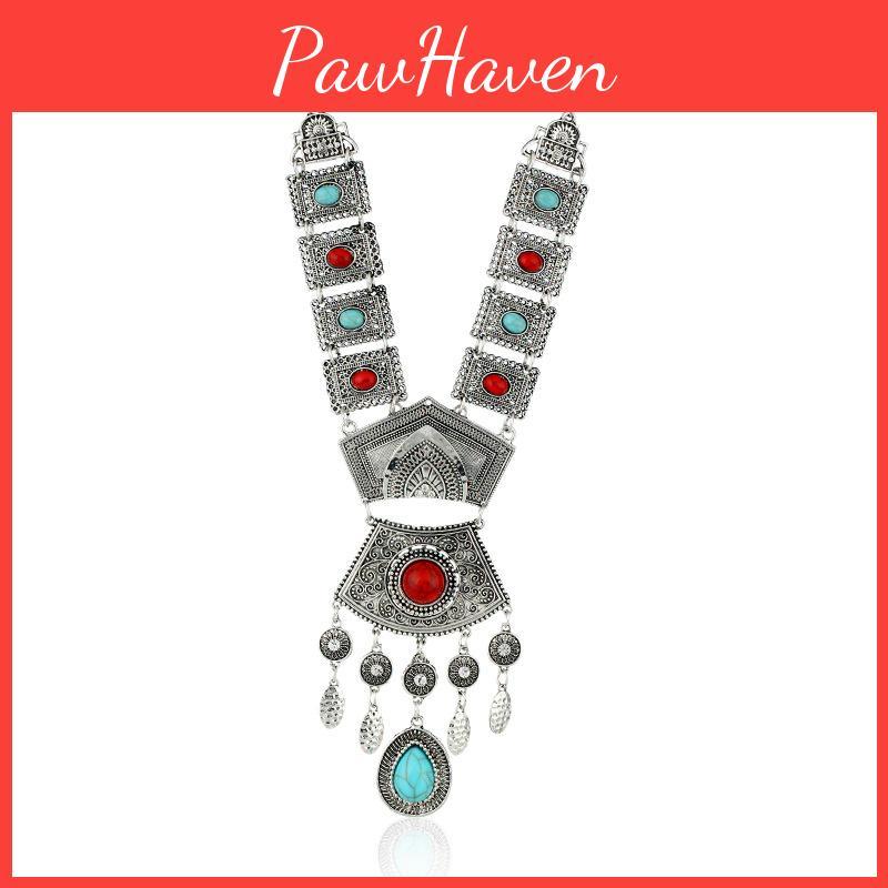 Simulation Style Ethnic Gemstone Decoration Women Metal Necklace Tassel With